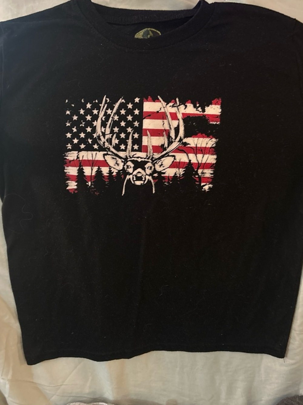 Boys Black Graphic T-Shirt with American Flag and Deer Print